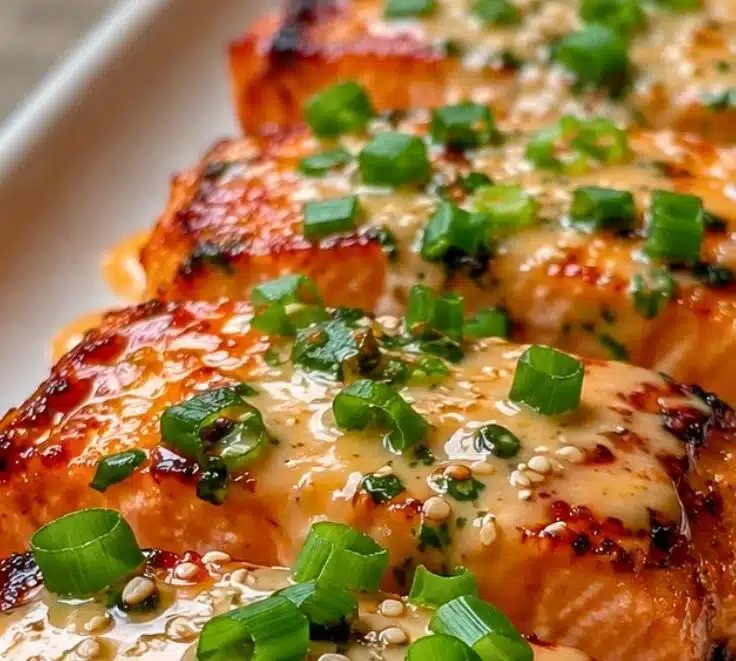Delicious 20-minute baked Bang Bang salmon served with fresh vegetables