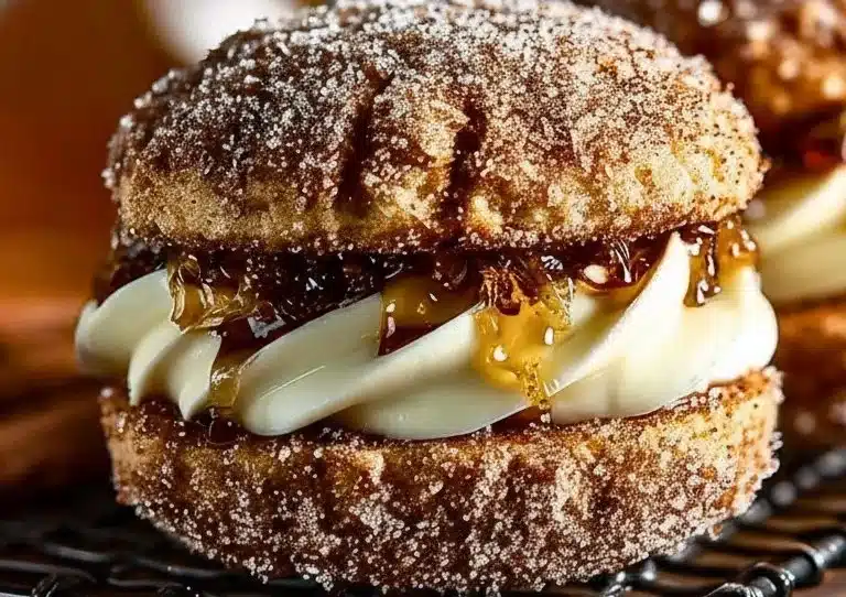 Delicious Apple Cider Whoopie Pie Cookies topped with rich caramel sauce.