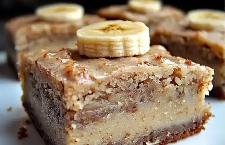 Moist and sweet banana bread brownies served on a wooden table.