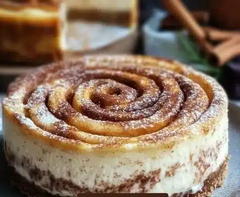 Delicious cinnamon roll cheesecake with cream cheese frosting and graham cracker crust