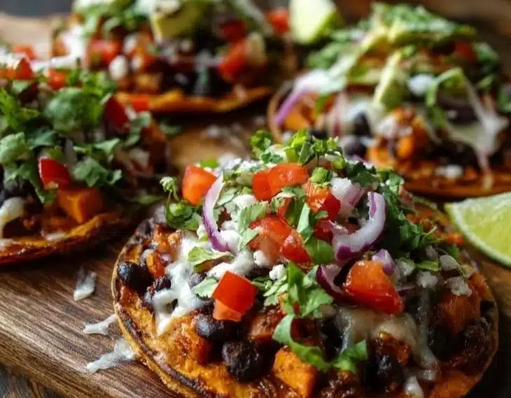 Vegan black bean and sweet potato tostadas topped with fresh cilantro and avocado.