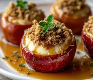Cheesecake stuffed baked apples with cream filling and cinnamon topping