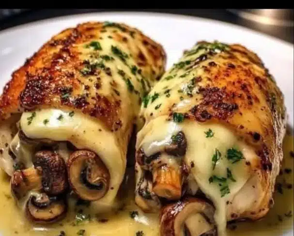 Cheesy garlic butter mushroom stuffed chicken on a plate