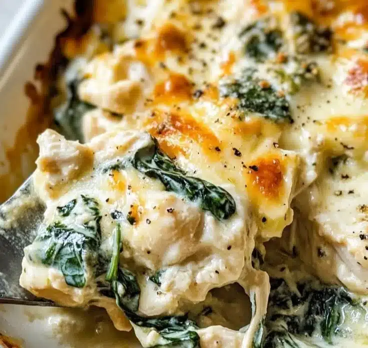 Delicious Chicken Spinach Casserole with Cream Cheese served in a baking dish