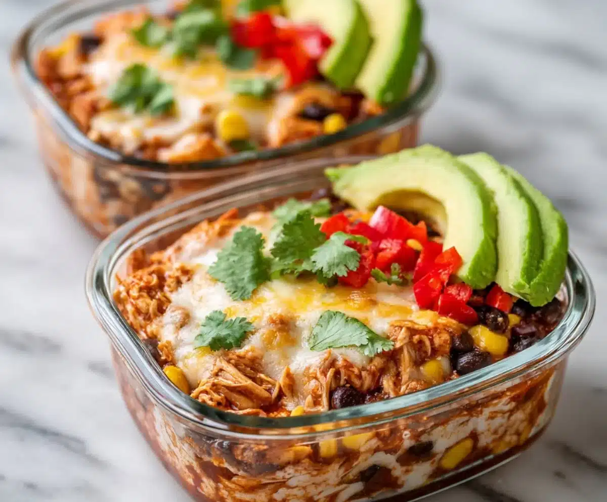 Colorful chicken enchilada meal prep bowls with toppings and ingredients