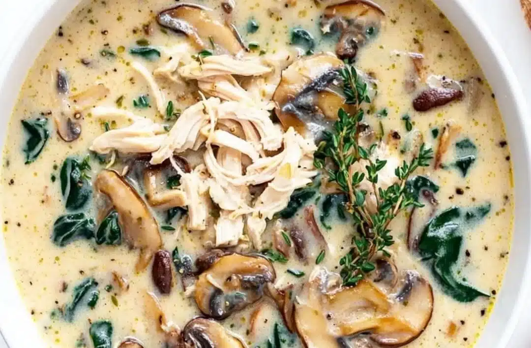 Comforting rotisserie chicken and mushroom soup in a bowl, perfect for chilly evenings.