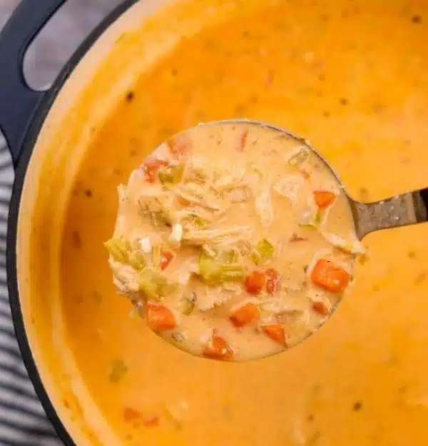 Bowl of creamy buffalo chicken soup garnished with herbs and served with bread