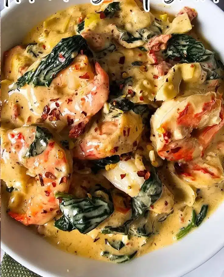 Creamy spinach artichoke shrimp skillet served in a rustic dish with garnishes.