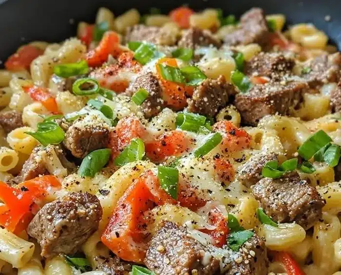 Creamy Steak Queso Mac with Pepper Jack cheese in a bowl