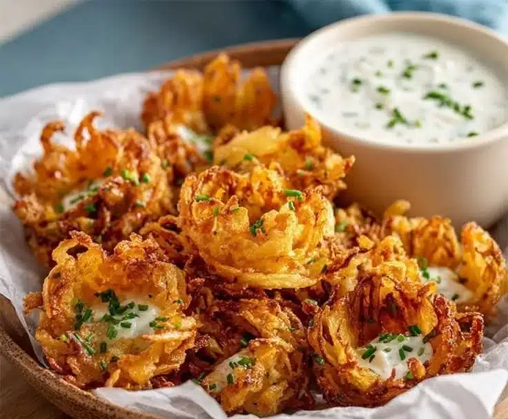 Crispy mini bloomin' onions served with creamy ranch dip for game day snacks