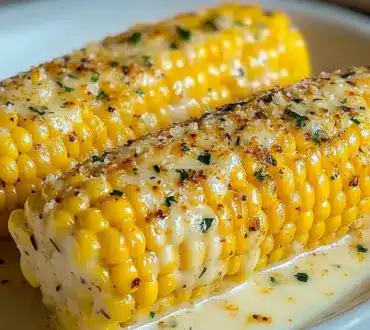 Delicious garlic-herb butter roasted corn served on a rustic table