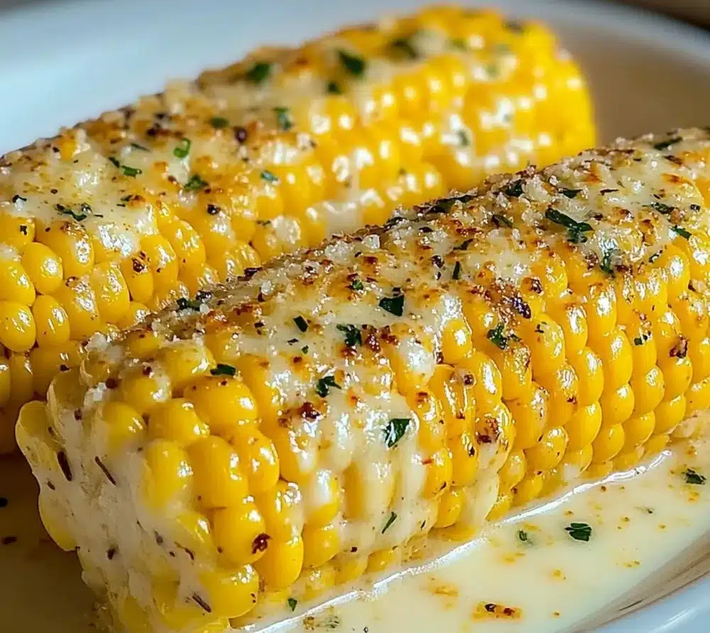 Delicious garlic-herb butter roasted corn served on a rustic table