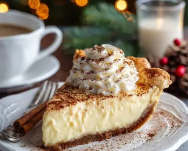 Festive cinnamon-vanilla custard pie topped with a sprinkle of cinnamon