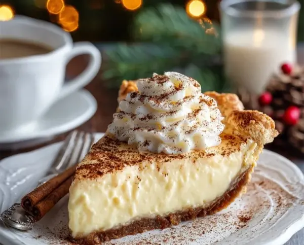 Festive cinnamon-vanilla custard pie topped with a sprinkle of cinnamon