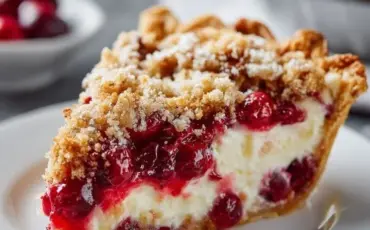 Festive Cranberry Cream Cheese Pie on a holiday table adorned with decorations