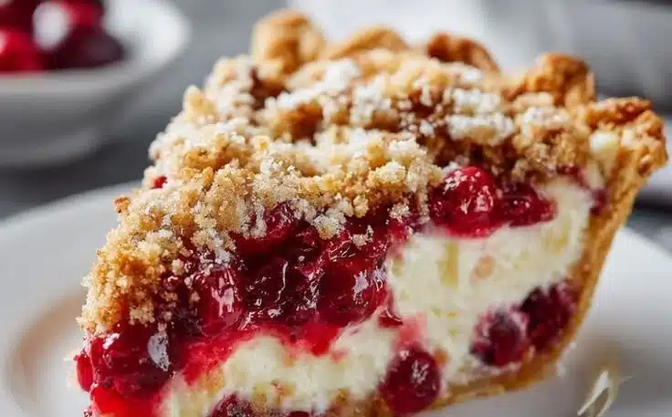 Festive Cranberry Cream Cheese Pie on a holiday table adorned with decorations