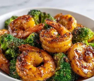 High-protein honey garlic shrimp dish served on a plate with vegetables