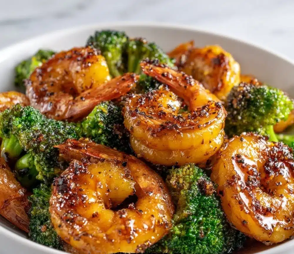 High-protein honey garlic shrimp dish served on a plate with vegetables