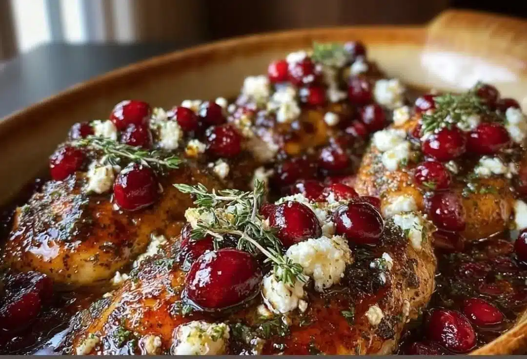 Honey Cranberry Chicken Bake with Feta Cheese in a baking dish
