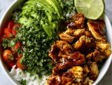 Honey Lime Chicken and Avocado Rice Bowl for a healthy dinner