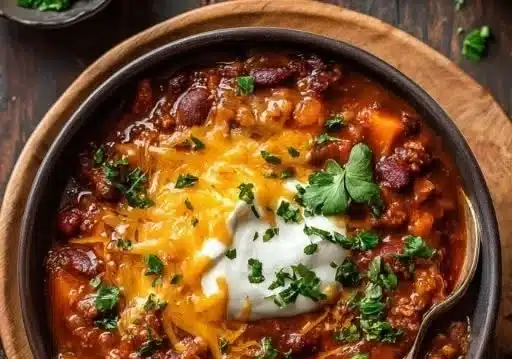 Bowl of Irresistible Chili topped with fresh herbs and spices