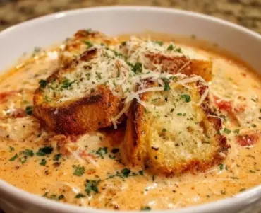 Bowl of creamy chicken parmesan soup garnished with herbs and cheese.