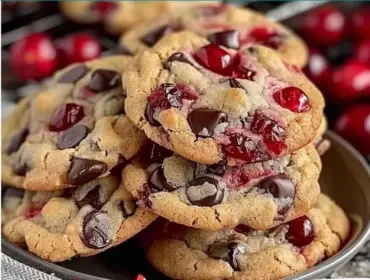 Decadent maraschino cherry chocolate chip cookies on a plate.