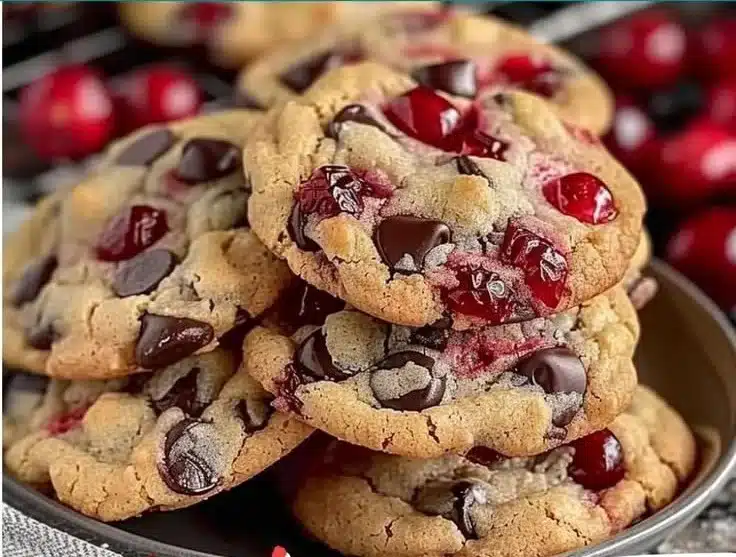 Decadent maraschino cherry chocolate chip cookies on a plate.