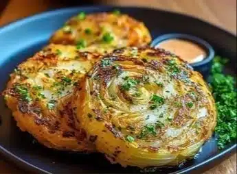 Delicious oven roasted garlic cabbage steaks served on a plate.