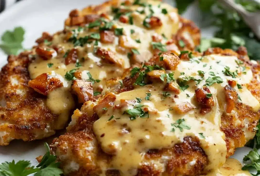 Crispy Pretzel Chicken served with Mustard-Cheddar Sauce
