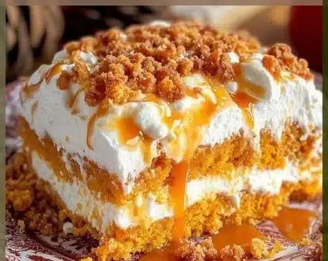 Delicious Pumpkin Better Than Sex Cake topped with creamy frosting
