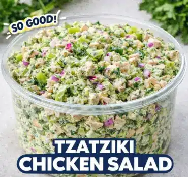 Easy chicken salad recipe with cucumbers, red onion, and tzatziki dressing