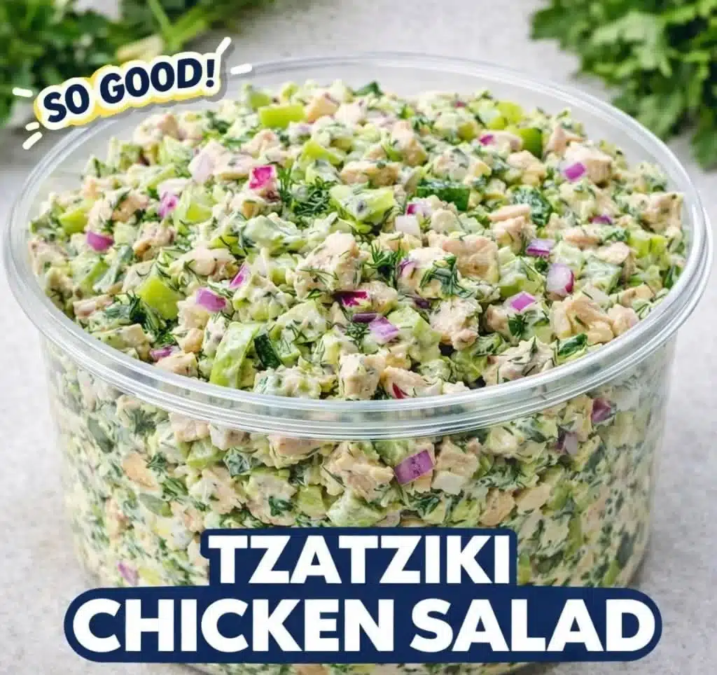 Easy chicken salad recipe with cucumbers, red onion, and tzatziki dressing