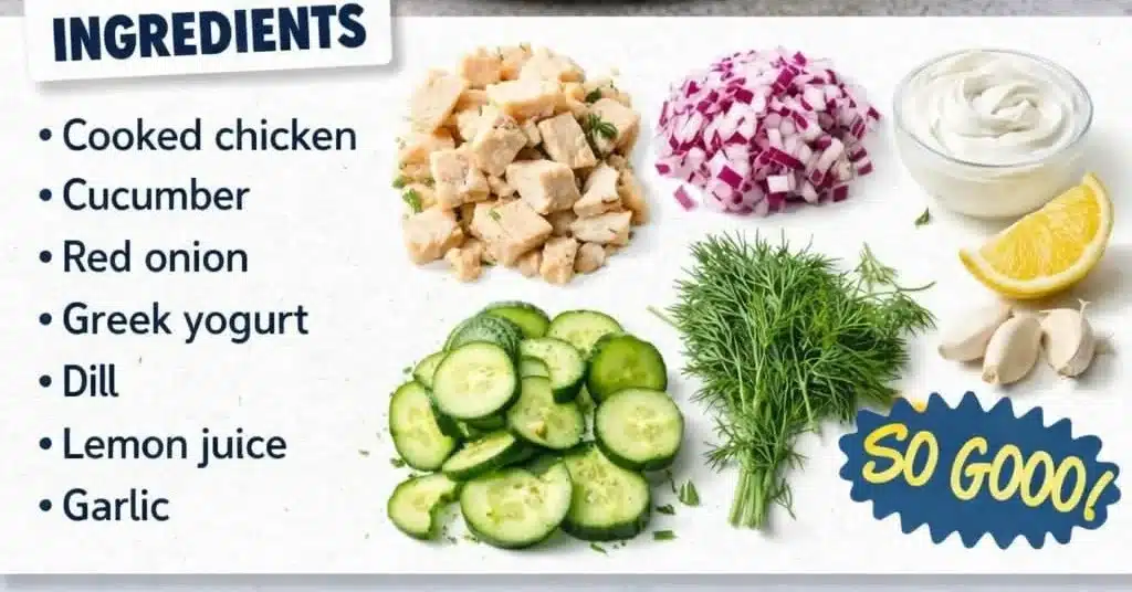 Recipe - You won’t believe how easy this is to whip up. With just a few ingredients, it's the perfect lunch for a busy week… | Chicken salad recipe with cucumbers and red onion, Tzatziki chicken salad, Healthy recipe