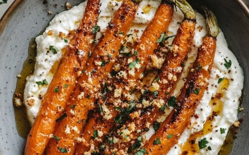 Plate of roasted carrots with whipped ricotta and drizzled hot honey