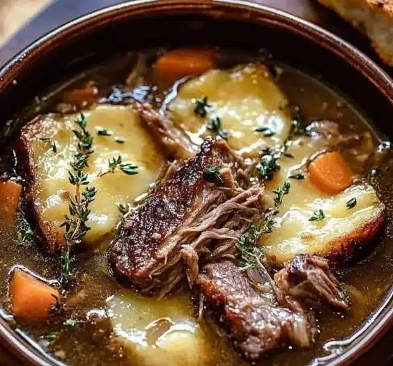 Savory French onion soup with beef short ribs in a warm bowl.