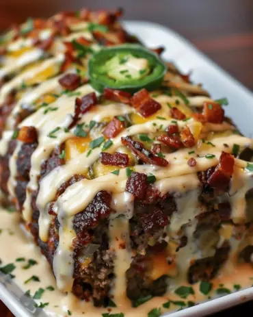 Smoky jalapeño popper meatloaf topped with creamy ranch drizzle on a plate