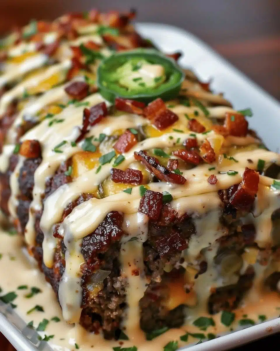 Smoky jalapeño popper meatloaf topped with creamy ranch drizzle on a plate