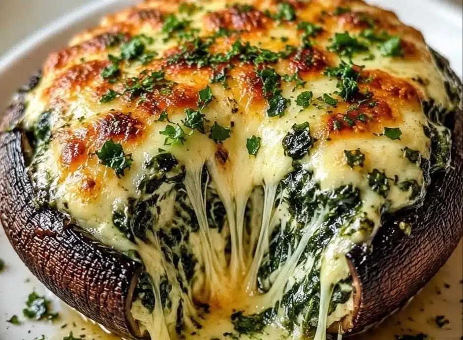 Spinach and cheese stuffed portobello mushrooms topped with melted cheese