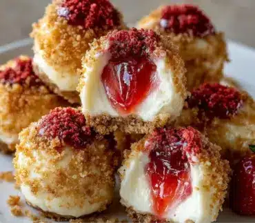 Delicious Strawberry Crunch Cheesecake Bites topped with a crunchy layer
