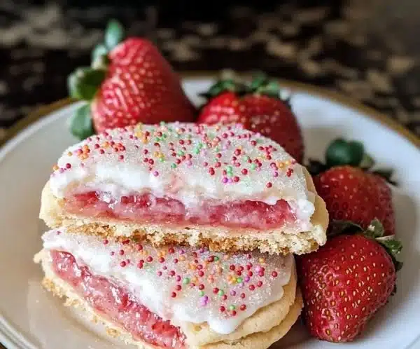Strawberry Pop Tart Cookies on a plate with sprinkles and icing