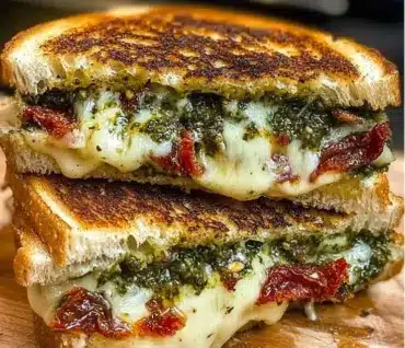 Gourmet sun-dried tomato bacon pesto grilled cheese sandwich on a plate