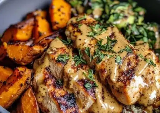 Delicious Maple Dijon Chicken served with sweet potato bowls