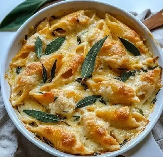 Pumpkin & Gouda stuffed shells with brown butter and sage Alfredo sauce.